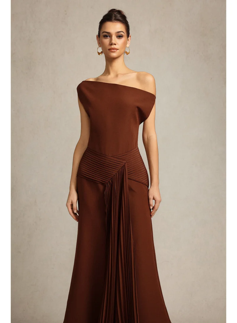 Bella Barnett  Paulina Oblique Shoulder Sleeveless Folds Brown Midi Dress for Women | Best Price UAE